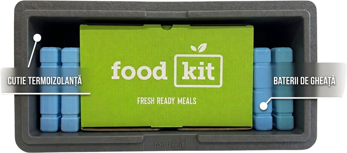 Cutia termoizolantă FoodKit cu bateriile de gheață în jurul pachetului