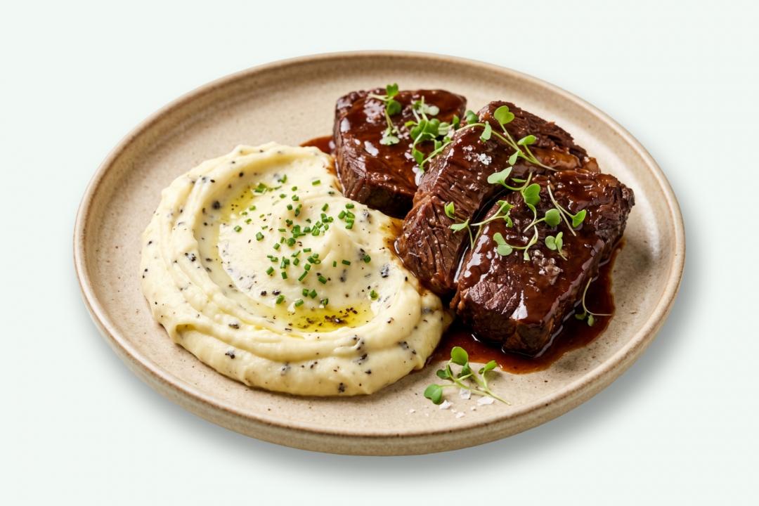 Vită gătită lent cu demiglace și piure trufat
