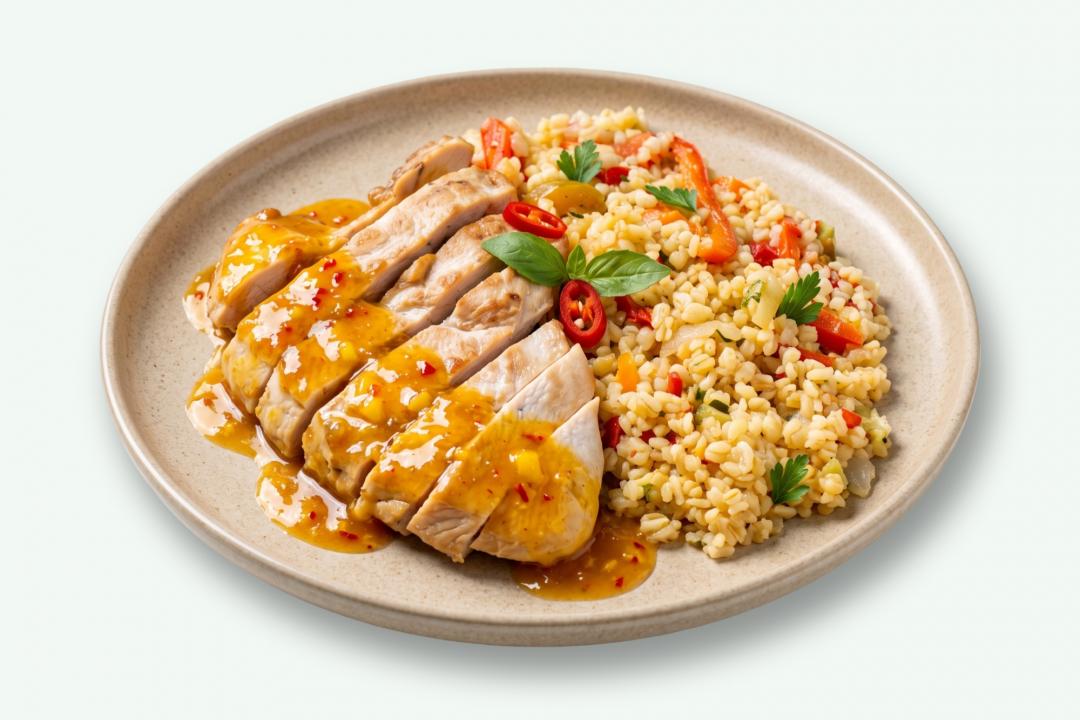 Curcan cu mango și bulgur cu legume