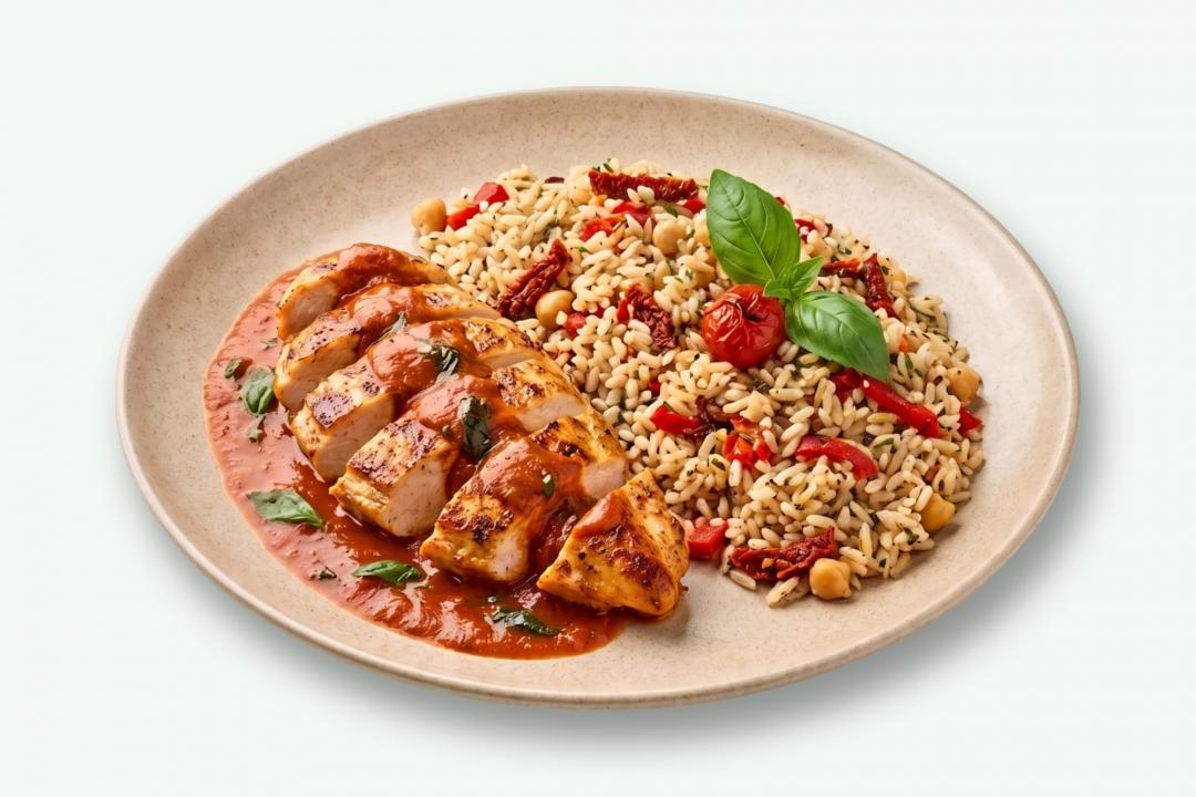 Tomato Basil Chicken cu orez mediteranean