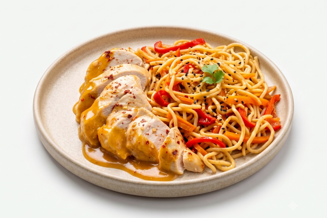 Orange Ginger Chicken cu noodles și legume