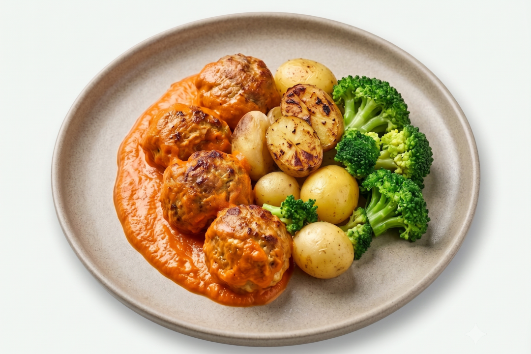 Turkey Meatballs cu cartofi baby și broccoli